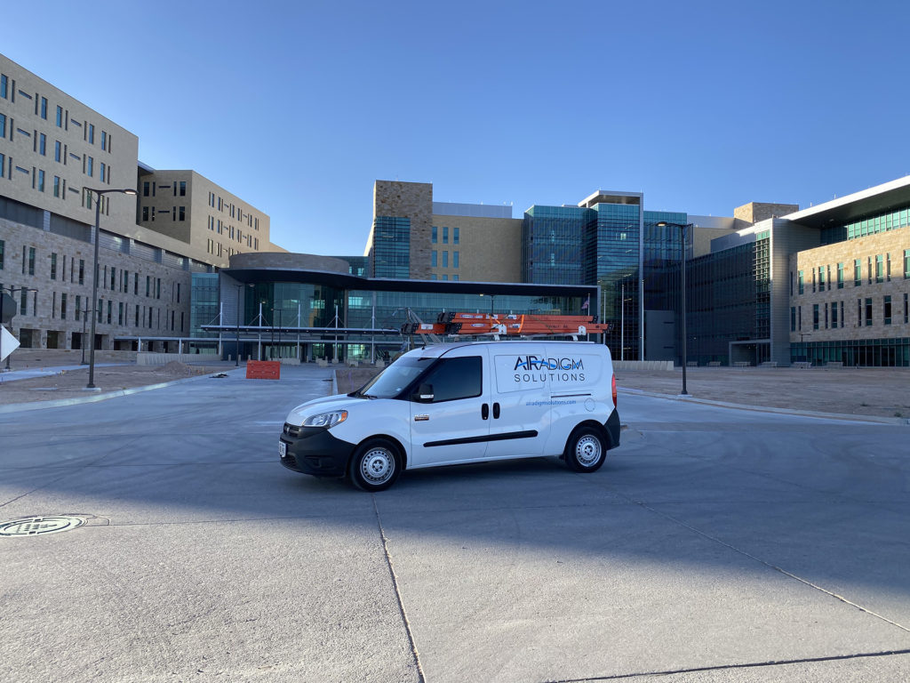 Testing and Balancing Van outside of Hospital HVAC project